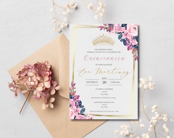Blush Pink Floral Quinceañera Invitation: Editable Template (Digital Download)
