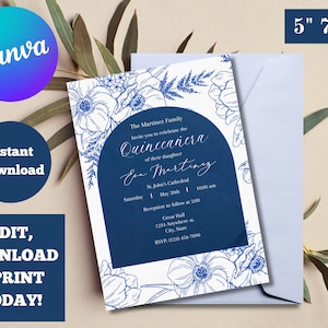 Quinceañera Invitations, Editable Template, Quince Invitations, Instant Download, Printable Invite, Blue and White Quinceanera Invitations