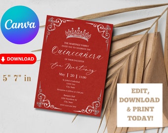 May include: Red invitation card with silver ornate border and crown design. The text reads "The Martinez Family Invite You To Celebrate The Quinceañera Of Their Daughter Eve Martinez May 20 11:00 St. John's Cathedral 12345 Ave City, State Reception to follow at 2:00 pm Banquet Hall 1234 Anywhere St City, State"