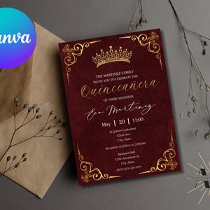 Quinceañera Invitations, Editable Template, Quince Invitations, Red And Gold, Printable Invite, Burgundy And Gold Quinceanera Invitation