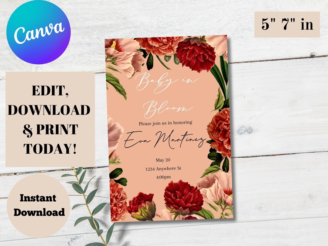 Baby in Bloom Baby Shower Invitation, Editable Template, Flower Themed