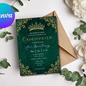 Green Quinceañera Invitation, Editable Template, Quince Invitation, Instant Download, Printable, Green and Gold Quinceanera Invitations