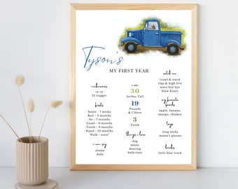 Little Blue Truck Baby's First Year Milestones Poster Sign Template, Birthday Party, Blue Truck Party, My First Year, Editable, Digital