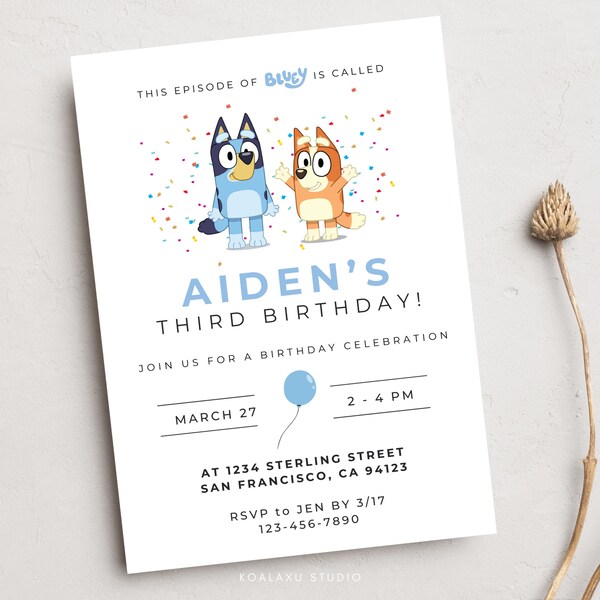 Invitation d'anniversaire Bluey et Bingo, anniversaire Bluey, chien bleu, modifiable, invitation personnalisée, carte d'anniversaire imprimable, téléchargement numérique