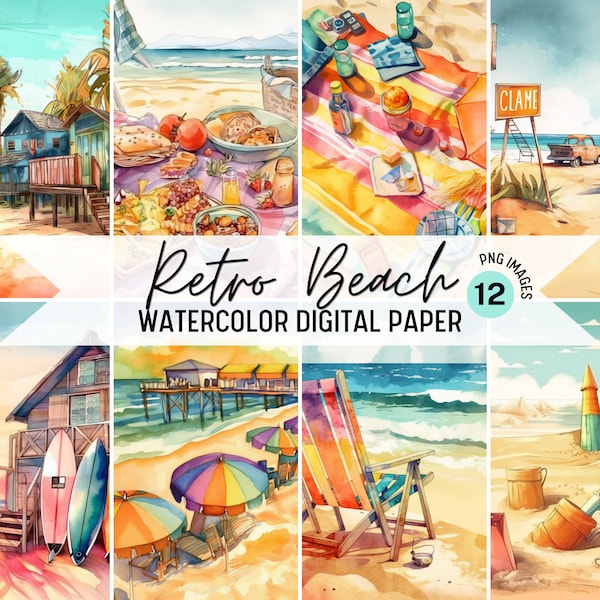 Retro Beach Scenes, Beach Clipart, Watercolor Beach Scenes, Digital Art, Watercolor Clipart, Digital Stickers, Summer Digital Paper