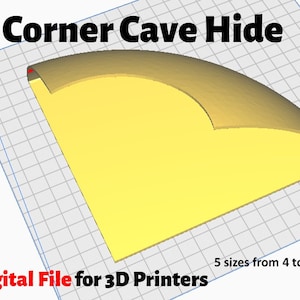 Peut inclure: Modèle 3D imprimable d'une cachette de coin en forme de grotte, représentée en jaune. Le modèle est conçu pour les imprimantes 3D et est disponible en 5 tailles allant de 10 à 20 cm.