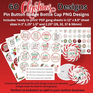 Könnte beinhalten: 60 weihnachtliche Pin-Button-Designvorlagen. Das Bild zeigt verschiedene kreisförmige Designs mit festlichem Text und Grafiken, darunter Zuckerstangen und Feiertagsphrasen. Enthält druckfertige PDF-Vorlagen in verschiedenen Größen (25, 32, 37 & 58mm).