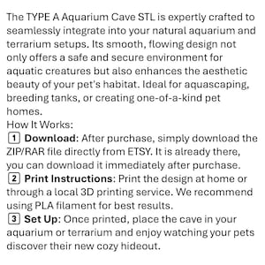 Peut inclure: T&eacute;l&eacute;chargement num&eacute;rique d'une grotte d'aquarium imprimable en 3D. Les instructions expliquent comment t&eacute;l&eacute;charger le fichier, imprimer le design et installer la grotte dans un aquarium ou un terrarium.