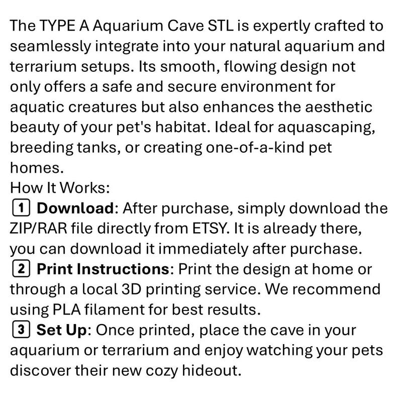 Peut inclure: T&eacute;l&eacute;chargement num&eacute;rique d'une grotte d'aquarium imprimable en 3D. Les instructions expliquent comment t&eacute;l&eacute;charger le fichier, imprimer le design et installer la grotte dans un aquarium ou un terrarium.