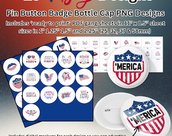 4th of July Pin Button Badge Designs: 25 PNG Images, Mockups (Digital Download)