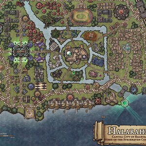 May include: A detailed map of the city of Halaraahh, the capital of Halruaa, home of the Strixhaven Colleges. The map is drawn in a fantasy style with a variety of buildings, roads, and landmarks. The map is surrounded by a border of a scroll with the text "Halaraahh, Capital City of Halruaa, Home of the Strixhaven Colleges".