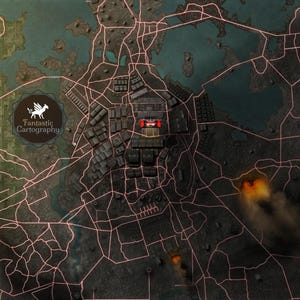 May include: A detailed map of a city with a red car in the center. The map is surrounded by a network of roads and buildings. There are two explosions in the lower right corner of the map.