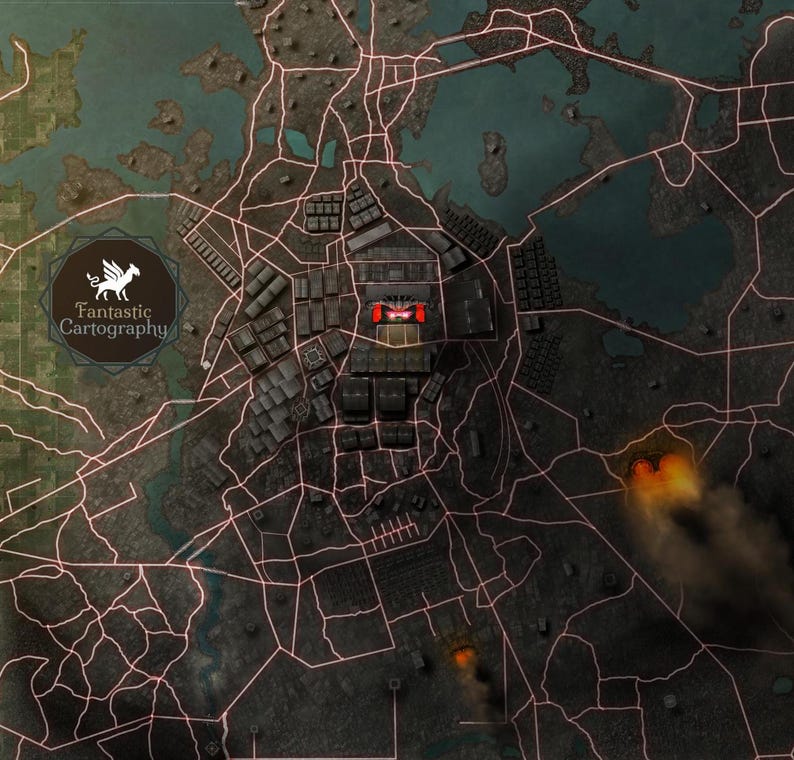May include: A detailed map of a city with a red car in the center. The map is surrounded by a network of roads and buildings. There are two explosions in the lower right corner of the map.