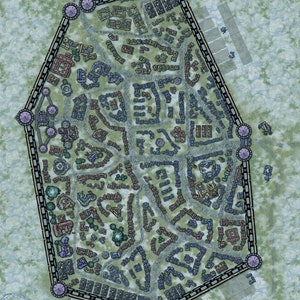 May include: A detailed aerial view of a medieval town with a stone wall and a gate. The town is filled with buildings, streets, and trees. The buildings are mostly made of stone and have tiled roofs. The streets are narrow and winding. The trees are green and lush.