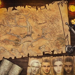 May include: A vintage-style map with the words "The Nocia" printed on it. The map is surrounded by candles, a sword, and scrolls. There are also five portraits of people with different hair colors and facial expressions.