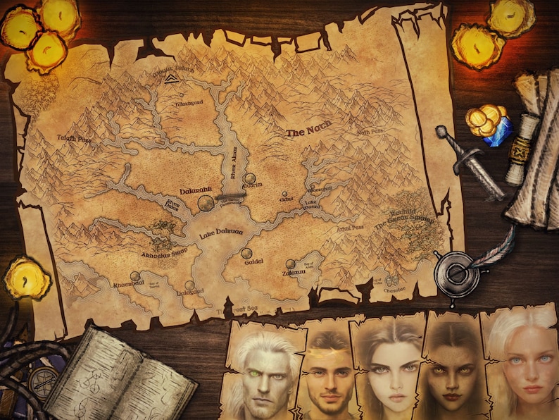 May include: A vintage-style map with the words "The Nocia" printed on it. The map is surrounded by candles, a sword, and scrolls. There are also five portraits of people with different hair colors and facial expressions.