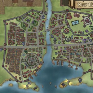 May include: A detailed map of New Haven, a fictional city, with a river running through the center. The city is surrounded by a wall and has a variety of buildings and landmarks, including a large castle, a market square, and a harbor.