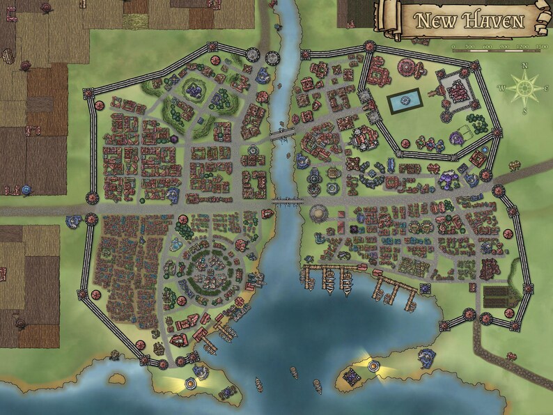 May include: A detailed map of New Haven, a fictional city, with a river running through the center. The city is surrounded by a wall and has a variety of buildings and landmarks, including a large castle, a market square, and a harbor.