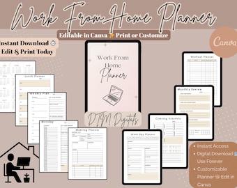 Editable Work From Home Planner Canva Template | Printable Productivity Planner | Remote Work Digital Planner | Home Office Organizer PDF