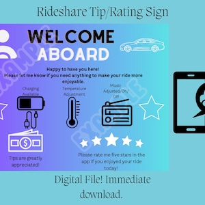 Lyft, Uber, Taxi, Rideshare Tip and Rating Sign with Temperature/Music/Charger Request Blue