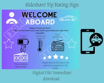 Lyft, Uber, Taxi, Mitfahr-Tipp und Bewertungsschild mit Temperatur/Musik/Ladewunsch Blau