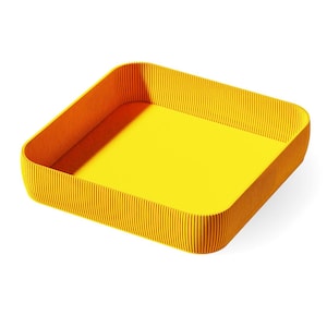 May include: A square, yellow tray with a textured, ribbed exterior. The interior is a solid yellow. The tray is a bright, modern design, suitable for serving or display. Dimensions are approximately 25 cm by 25 cm.