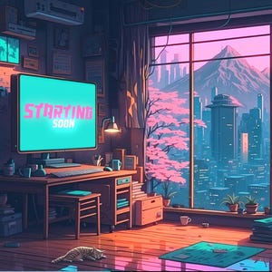 Puede incluir: Una habitación de estilo anime con una gran ventana con vistas a una ciudad y montañas. Un monitor de ordenador muestra "STARTING SOON". La habitación tiene plantas, obras de arte y un gato en el suelo. La paleta de colores es una mezcla de azules, rosas y naranjas.