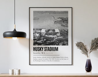 Husky Stadium Aerial View Poster/Canvas, B&W, Washington Huskies Stadium, University of Washington, Modern Football Wall Art, Home Decor
