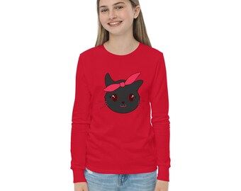 Camiseta juvenil con gatito negro, camisa de manga larga con lindo gatito, camiseta de manga larga con gráfico de gatito lindo, ropa para amantes de los gatos para adolescentes