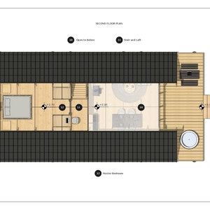 K&ouml;nnte beinhalten: Ein Grundriss des zweiten Stocks mit einem Hauptschlafzimmer, einem Badezimmer, einer K&uuml;che und einem Wohnzimmer. Der Plan enth&auml;lt Ma&szlig;e in Fu&szlig;. Der Text auf dem Plan lautet "Second Floor Plan", "Open to Below", "Stair and Laft", "Master Bedroom" und "SF".