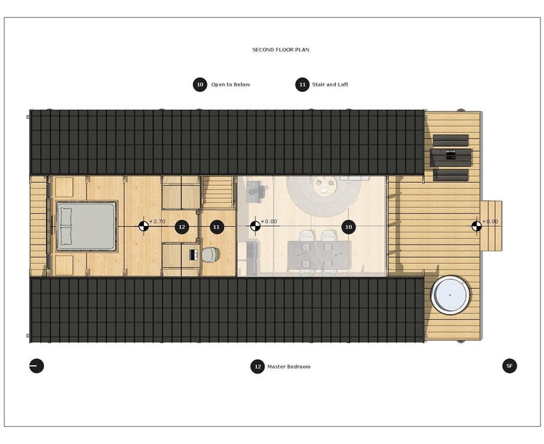 K&ouml;nnte beinhalten: Ein Grundriss des zweiten Stocks mit einem Hauptschlafzimmer, einem Badezimmer, einer K&uuml;che und einem Wohnzimmer. Der Plan enth&auml;lt Ma&szlig;e in Fu&szlig;. Der Text auf dem Plan lautet "Second Floor Plan", "Open to Below", "Stair and Laft", "Master Bedroom" und "SF".