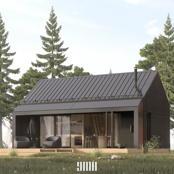 Modern Cabin House, Lake House, Farm House, Architectural Plans - 16' x 28' ( 448 Sq Ft ) - Facade / Grey Timber Cladding - 52 Pages PDF