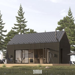 Barndominium House, Tiny House, Modern House, Architectural Plans - 16&#39; x 28&#39; ( 448 Sq Ft ) - Facade / Grey Timber Cladding - 52 Pages PDF