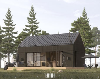 Barndomium Haus, kleines Haus, modernes Haus, Baupläne - 16 &#39;x 28&#39; ( 448 Quadratfuß) - Fassade / Graue Holzverkleidung - 52 Seiten PDF