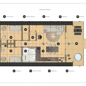 K&ouml;nnte beinhalten: Grundriss eines kleinen Hauses mit Terrasse, Wohnzimmer, K&uuml;che, Badezimmer, Flur, Kleiderschrank, Hauswirtschaftsraum und zwei Schlafzimmern. Der Plan ist mit Nummern und Raumnamen beschriftet.