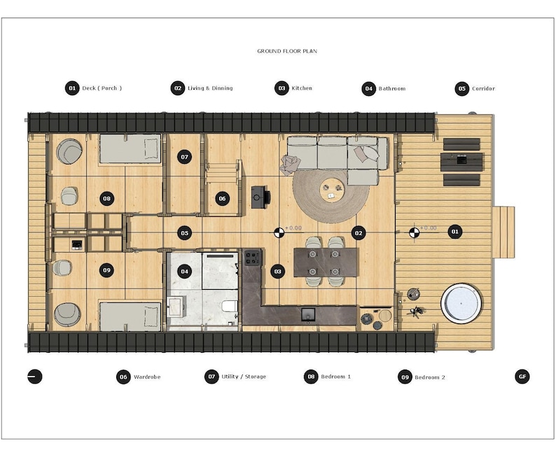 K&ouml;nnte beinhalten: Grundriss eines kleinen Hauses mit Terrasse, Wohnzimmer, K&uuml;che, Badezimmer, Flur, Kleiderschrank, Hauswirtschaftsraum und zwei Schlafzimmern. Der Plan ist mit Nummern und Raumnamen beschriftet.