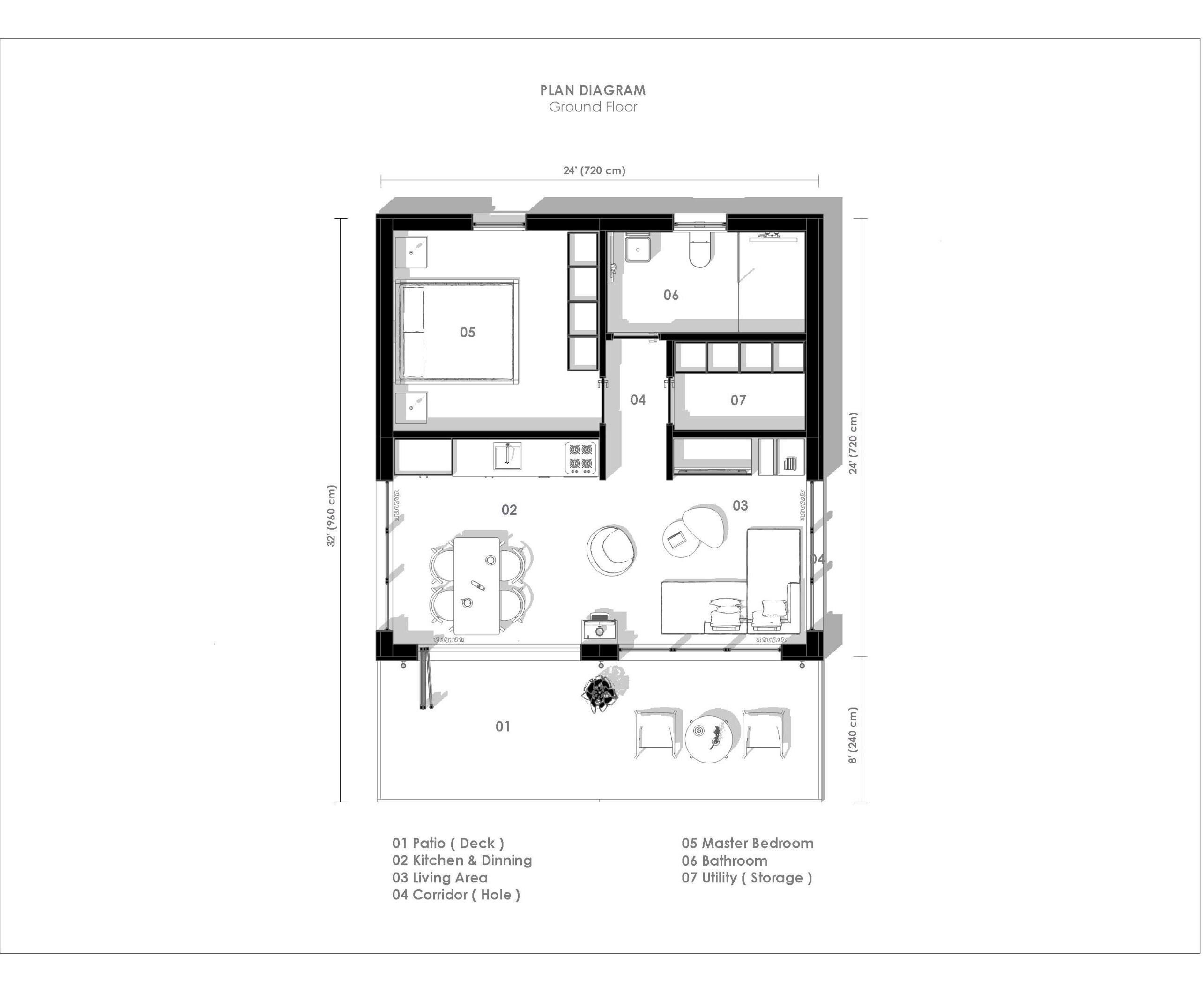 Plan de petite maison 16'x28' - plans architecturaux modernes de petite cabane avec terrasses