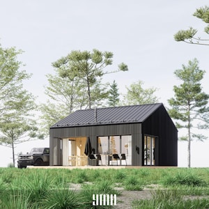 Plattegronden Tiny Gable House, zwart, 1 slaapkamer, 1 badkamer, 24 x 24' (576 sqFt), 720 x 720 cm (51,84 m2), imperiale en metrische eenheid, 52 pagina's pdf, DWG