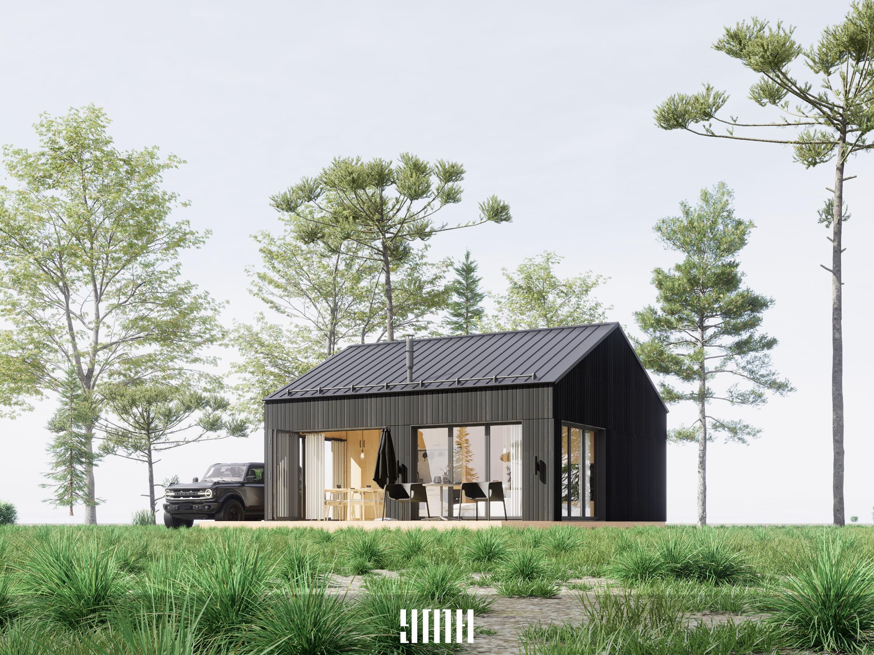 Kleine Giebel Haus Pläne, Schwarz, 1 Schlafzimmer, 1 Bad, 24 'x 24' (576 SqFt), 720 x 720 cm (51,84 m2), Imperial&Metrische Einheit, 52 Seiten PDF, DWG