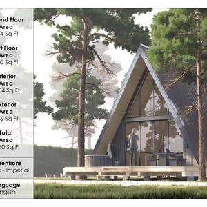 K&ouml;nnte beinhalten: Ein modernes A-f&ouml;rmiges Ferienhaus in einer Waldlandschaft. Das Haus verf&uuml;gt &uuml;ber ein gro&szlig;es Fenster und eine Terrasse mit einem Whirlpool. Der Text auf dem Bild lautet: Ground Floor Area 864 Sq Ft, Loft Floor Area 240 Sq Ft, Interior Area 1104 Sq Ft, Exterior Area 336 Sq Ft, Total Area 1440 Sq Ft, Dimentions Metric - Imperial, Language English.