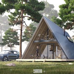 A Frame House, Cabin House, Cottage House, Lake House, architectonische plannen - 24' x 36' (864 vierkante voet) - gevel / zwart metaal - 46 pagina's pdf