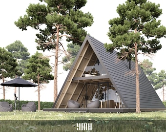 May include: A modern, triangular-shaped cabin with a black roof and large windows. The cabin is surrounded by trees and has a small patio with furniture.