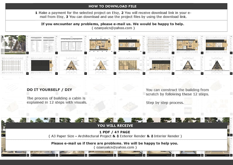 K&ouml;nnte beinhalten: Ein digitaler Download von Architekturpl&auml;nen f&uuml;r eine H&uuml;tte. Die Pl&auml;ne umfassen 12 Schritte mit Visualisierungen, die Ihnen helfen, die H&uuml;tte selbst zu bauen. Der Download enth&auml;lt auch 8 Au&szlig;en- und 8 Innenrenderings der H&uuml;tte. Die Pl&auml;ne sind im Format A3.