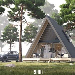 A Frame House, Lake House, Cottage House, Tiny House, architectonische plannen - 20' x 24' (480 vierkante voet) - gevel / grijs hout - 48 pagina's pdf