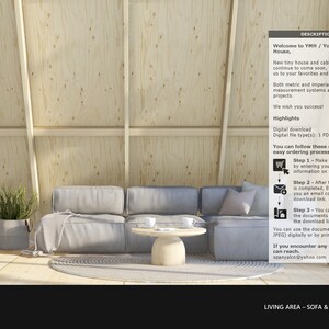 K&ouml;nnte beinhalten: Ein digitaler Download f&uuml;r einen modernen Hausplan. Das Bild zeigt ein Wohnzimmer mit einem Sofa und einem Couchtisch. Der Text auf dem Bild lautet "Willkommen bei YMH/Ihr modernes Haus" und enth&auml;lt Anweisungen zum Herunterladen der digitalen Datei.