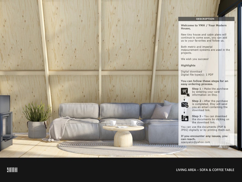 K&ouml;nnte beinhalten: Ein digitaler Download f&uuml;r einen modernen Hausplan. Das Bild zeigt ein Wohnzimmer mit einem Sofa und einem Couchtisch. Der Text auf dem Bild lautet "Willkommen bei YMH/Ihr modernes Haus" und enth&auml;lt Anweisungen zum Herunterladen der digitalen Datei.