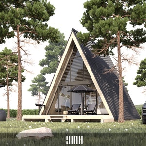 Driehoekig Tiny House met twee verdiepingen, blokhutplattegrond, 1 bed, 1 badkamer, 1 keuken - 400 SF (600 x 600 cm) - zwart - pdf-bestand met 49 pagina's