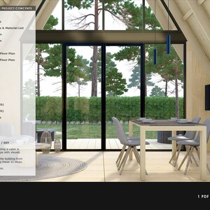 K&ouml;nnte beinhalten: Eine 3D-Darstellung eines Kabinen-Innenraums mit einer Holzdecke und gro&szlig;en Fenstern mit Blick auf einen gr&uuml;nen Wald. Der Innenraum verf&uuml;gt &uuml;ber einen Esstisch mit vier St&uuml;hlen und einen an der Wand montierten Fernseher. Der Text "ARCHITECTURAL PROJECT CONCEPTS" und "DO IT YOURSELF/DIY" ist auf der linken Seite des Bildes sichtbar.