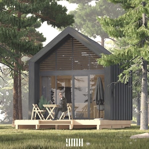 Tiny House, Farm House, Lake House, Barndominium House, architectonische plannen - 13' x 16' (208 vierkante voet) - gevel / grijs hout - 48 pagina's pdf