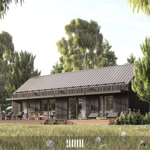 Lux Single Storey House, Modern House Plan, 3 Bedroom, 1 Bathroom, 18&#39; x 48&#39; ( 864 Sq Ft ) - Facade / Black - 52 Pages PDF
